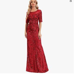 XUIBOL Short Sleeve Sequin Mermaid Evening Formal Dress (Red, L)